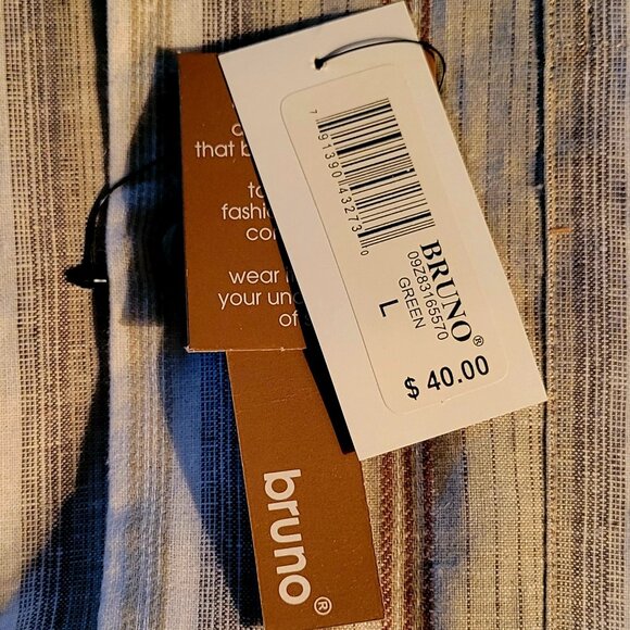 Bruno 100% Washable Linen Short Sleeve Striped Sage Green Button Front Shirt NEW - Picture 10 of 11